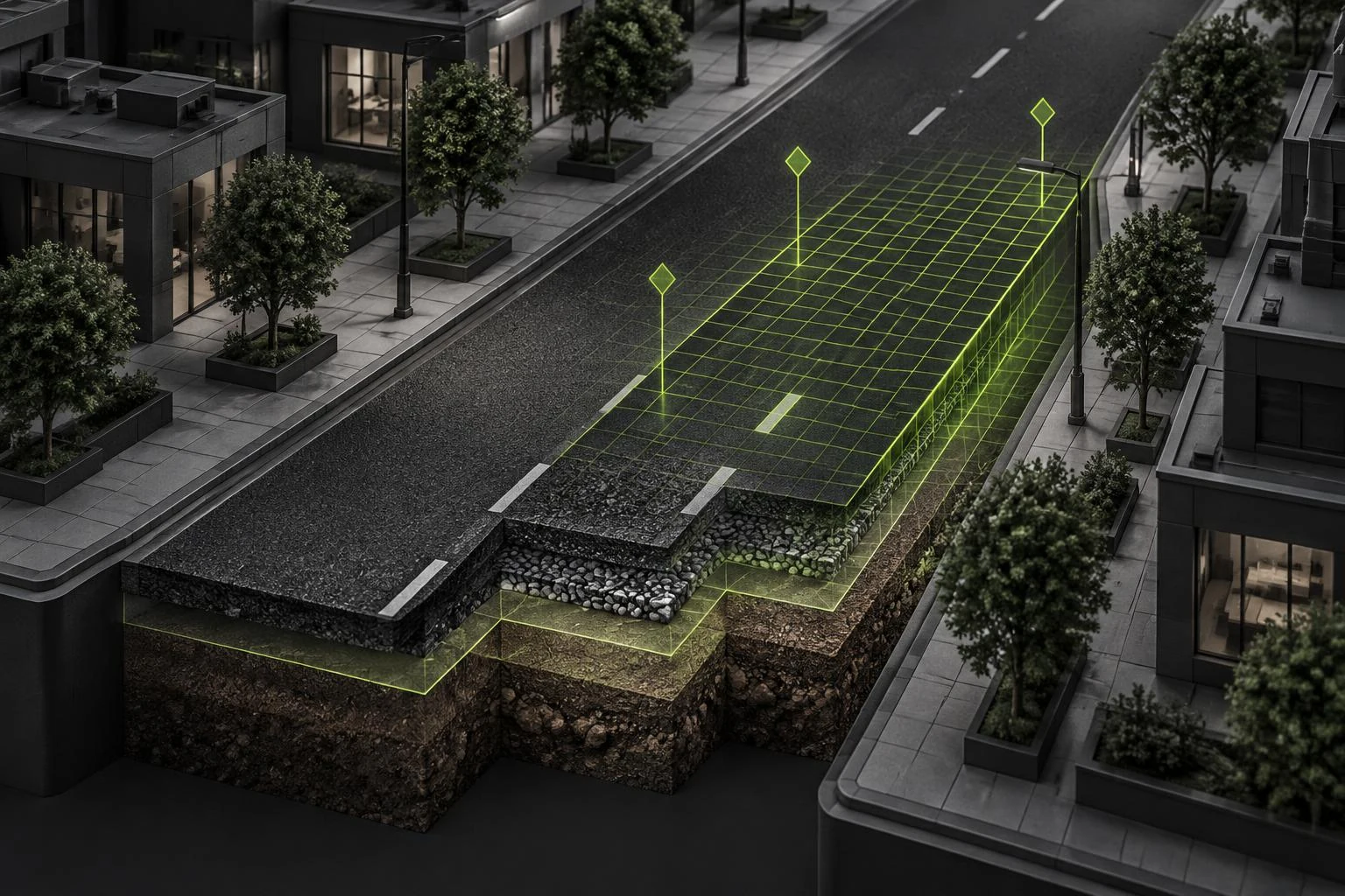 Pavimento urbano em camadas e malha de inventário com linhas verdes do Regente