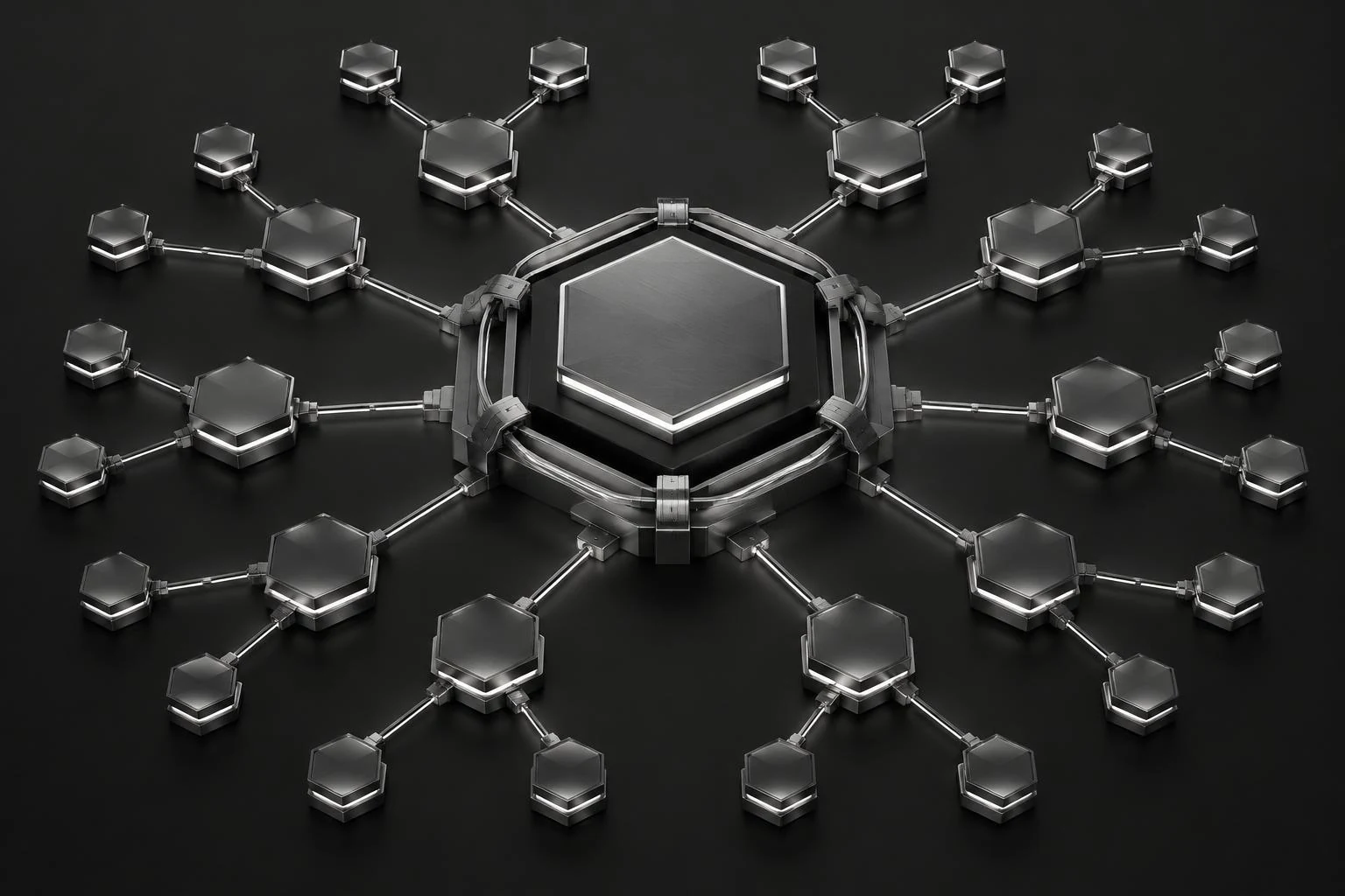 Núcleo de inteligência conectado a uma rede em expansão com luz prateada do CGI