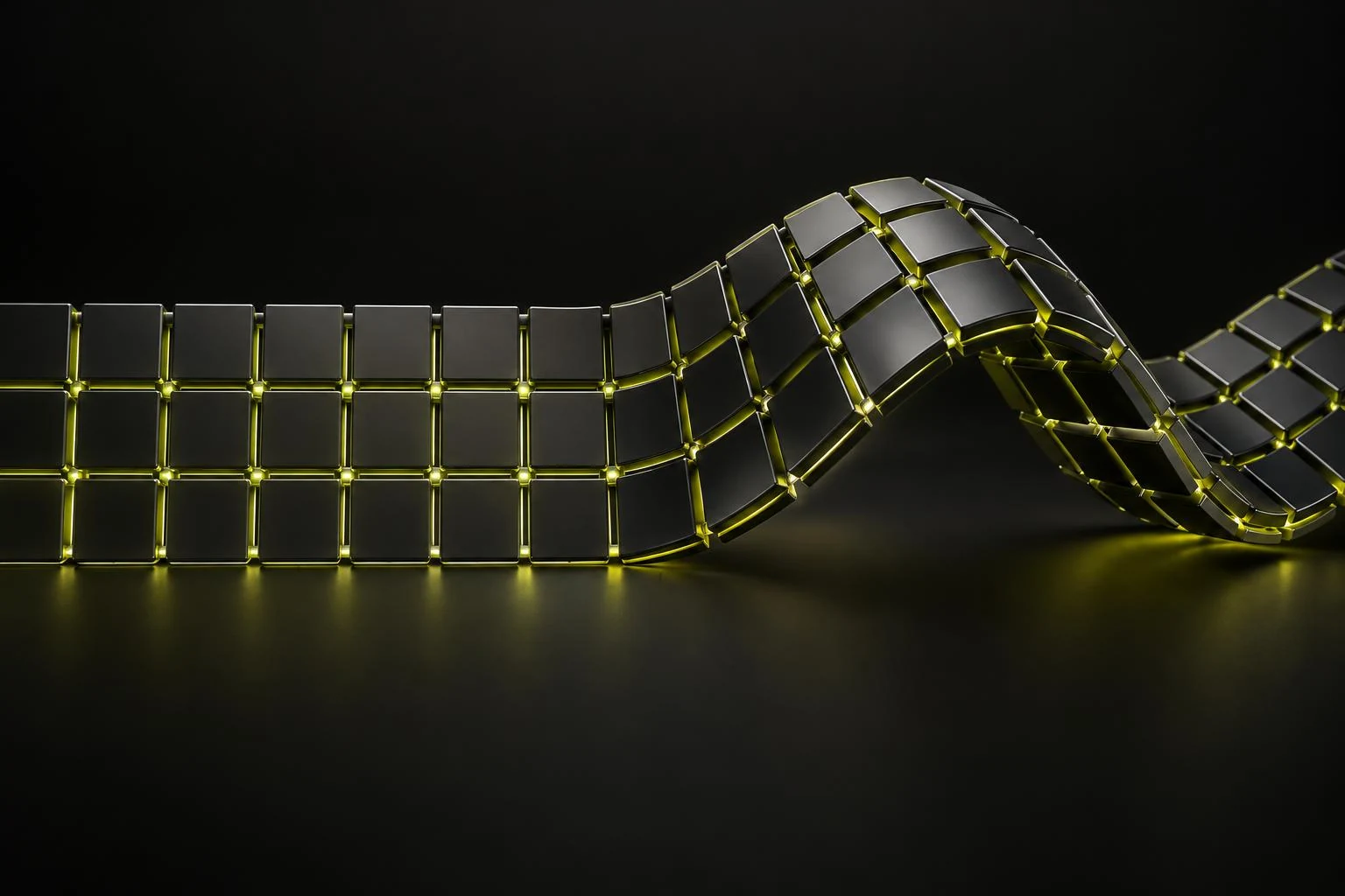 Módulos conectados entre uma grade padronizada e uma curva flexível, com luz amarela do Maestro