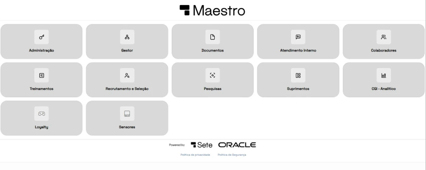 Tela real do Maestro: portal de aplicações com os módulos