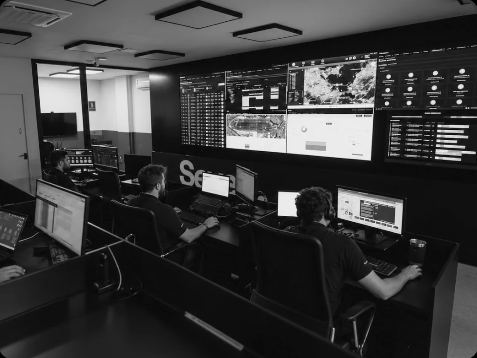 Central de operações da Sete com painéis de monitoramento