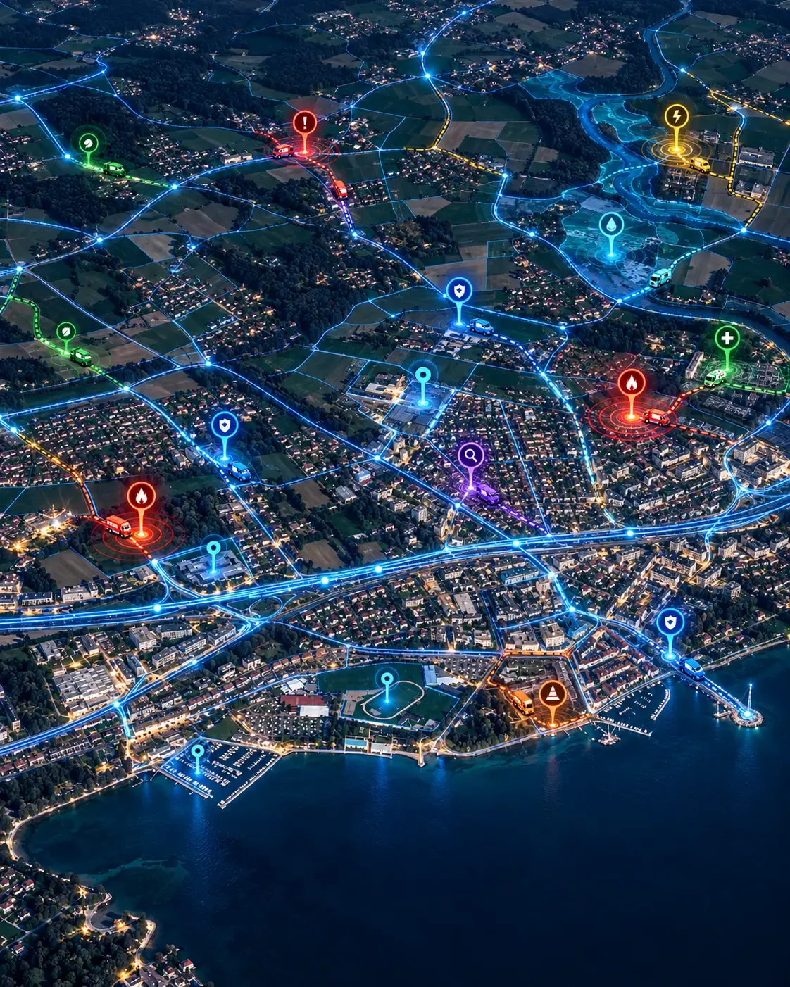 Cidade inteligente monitorada em tempo real, com rotas, alertas e equipes conectadas