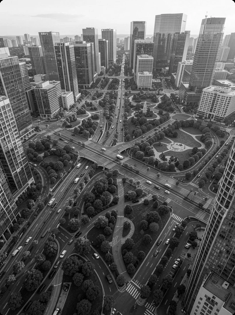 Vista aérea de cidade com malha viária e áreas verdes
